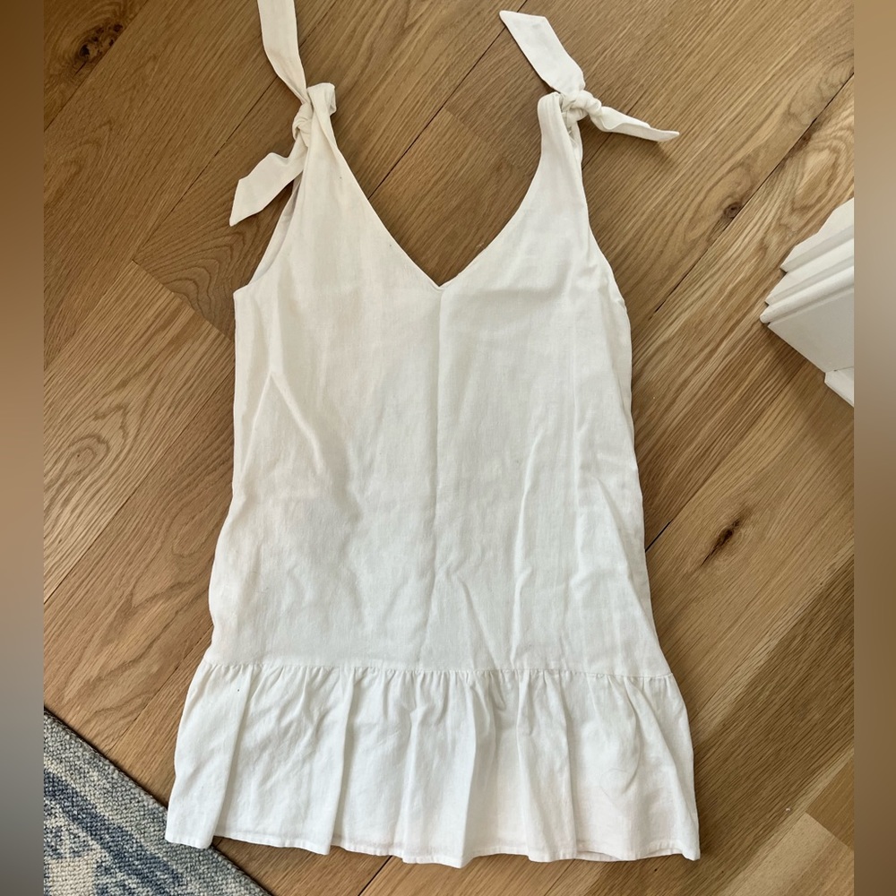 Suzy Perette short linen shift dress with tie shoulders